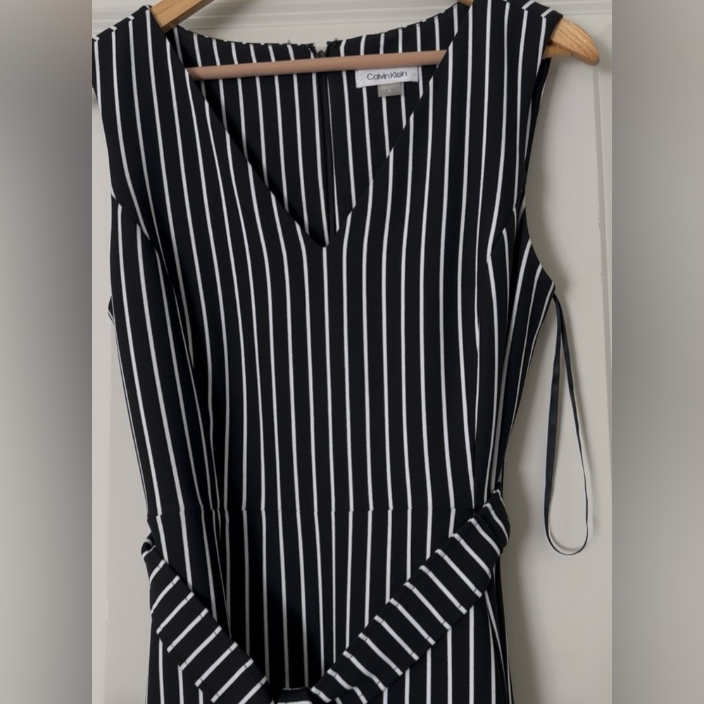 Calvin Klein Black and White Striped Midi Dress